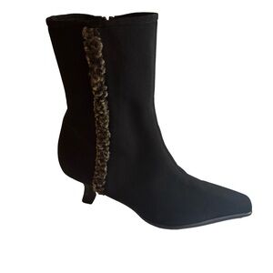 Stuart Weitzman Black Suede Kitten Heel Fur Mid Calf Boots Pointed Toe City Sz 7